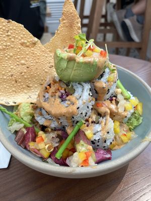 Spicy Smoky Chipotle Avocado Pomelo Sushi Volcano - local organic okra, papadum, chickpea, bell pepper, radish pickle, carrot, red cabbage, smoky chipotle mayo  at Wanaka in Hong Kong Island