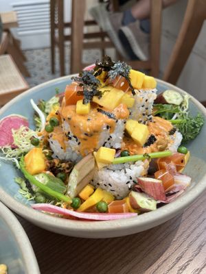 Summer Madness Salmon Mango Sushi Paradise - local organic okra, asparagus, burdock, radish pickle, carrot, homemade thousand island dressing  at Wanaka in Hong Kong Island