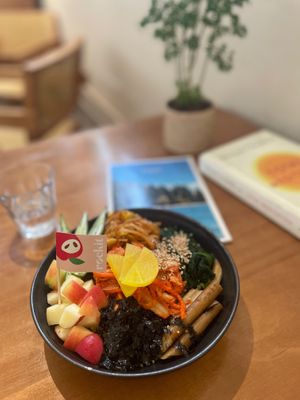Vegan Bibimbap~ So good! Several types of picketed vegetables, crunchy burdock, good greens and sweet apples. Really well balanced. The quinoa was a nice twist! Very nutritious. at Wanaka in Hong Kong Island