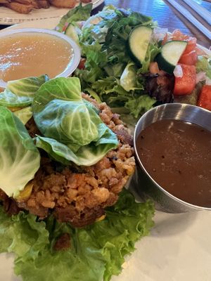 Sloppy Joe with “lettuce wrap”, side salad, balsamic dressing and apple saucee  at Reel Bar in Put-in-bay