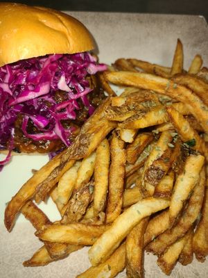 BBQ EGGPLANT SANDWICH
BBQ Eggplant w/ Red Cabbage on a Brioche Bun at Glo Jean's Kitchen in Homewood