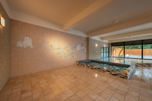 Tile art of the work "Morning Glory and Dog Sugito" by the historical Japanese painter Maruyama Okyo at The Vanish in Fukuoka