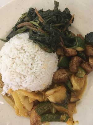 Economy rice with: eggplant, okra, tofu and cabbage curry; sautéed greens; mock meat braised in soy sauce.  at Loke Yuen in Kuala Lumpur