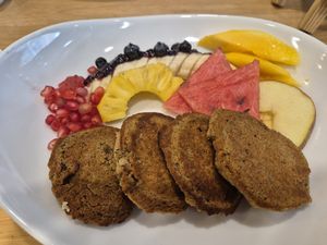 Pancakes with extra fruit at Nature's Soul Kitchen in New Delhi