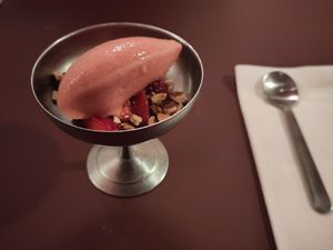Sorbet with strawberries, herbs and roasted hazelnuts. at Theo in Copenhagen