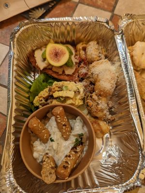Tzatziki, "egg" tofu salad, red pesto pasta, bruschetta at Annie's Vegan Food and Bar - Pop-up in Rhodes