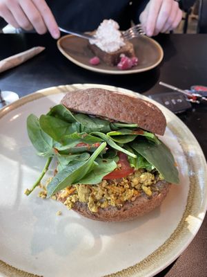 Breakfast burger with gluten free bun at Sweet Bones Bakery Cafe in Scullin