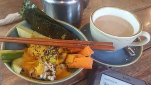 Sushi bowl and sticky chai at Sweet Bones Bakery Cafe in Scullin