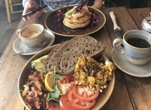 Big breakfast & pancakes. With a couple of coffee’s! at Sweet Bones Bakery Cafe in Scullin