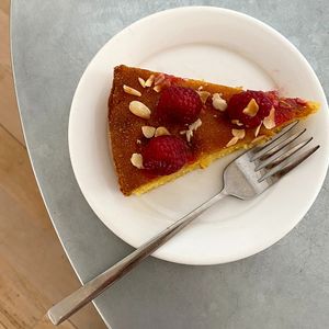 Raspberry and almond cake at Fruitmarket Cafe in Edinburgh