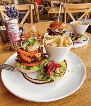 Vegan burger with chips   at Forage  in Cowbridge