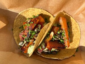 Roasted Pumkin Tacos 

roasted pumkin, chile arból and coconut adobo, roasted pumkin seeds, lime and fennel sour cream
 at Duro De Matar in Lisbon