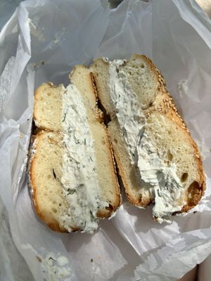 Garlic and herb tofu cream cheese style bagel  at Tompkins Square Bagels in New York City