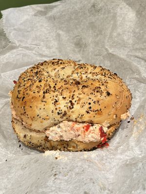Sun dried tomato tofu cream cheese bagel  at Tompkins Square Bagels in New York City