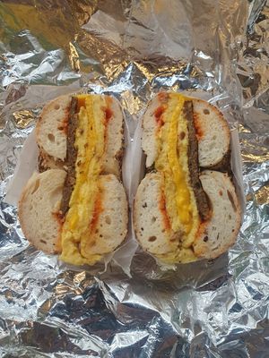 Beyond delight: Just Egg, Beyond meat, stockled cheddar, siracha sauce at Tompkins Square Bagels in New York City