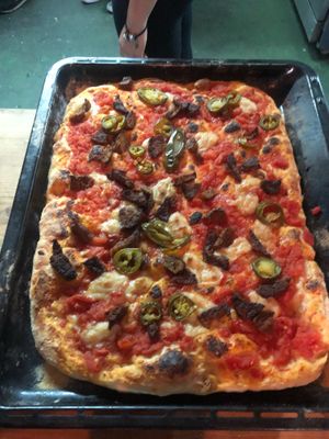 Chorizo, jalapeño and mozzarella pizza at El Taller in Gran Canaria