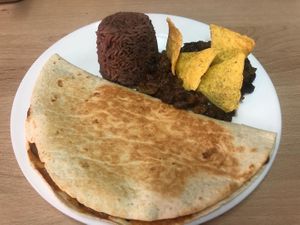 Beer cheese and mushrooms quesadilla with rice and beans at El Taller in Gran Canaria