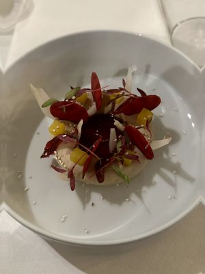 First course:  Chestnut mousse with beets and cherry dressing  at Vannu in Breda