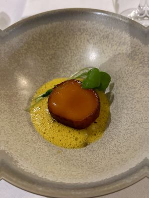 Third course: Smoked salty and sweet pumpkin and sand carrot sauce  at Vannu in Breda