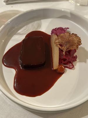 Fourth course: dry aged red beet, red cabbage and red beet gravy  at Vannu in Breda