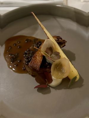 Fifth course: celeriac steak with lentils, horseradish and gravyy  at Vannu in Breda