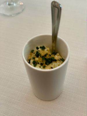 First amuse: sweet potato salad with wild garlic  at Vannu in Breda