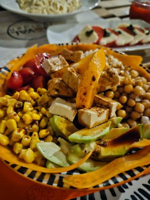 Buddha bowl with tofu, brown rice, chickpeas, avocado, veggies and soy sauce at Royal Garden Juice Bar in Budva