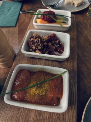 The three starters, heavy on beet    at Schnitzelei Mitte in Berlin
