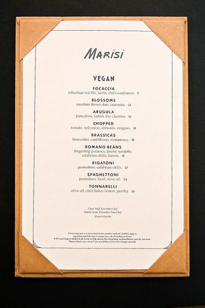 Vegan menu at Marisi in La Jolla
