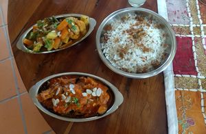Mixed vegetable  and eggplant curries with basmati rice 💜 at Marwari Indian Food in Tepoztlan