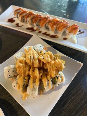 Popcorn Roll and Alaskan Salmon Roll  at Bluebird Haus Sushi in Long Beach