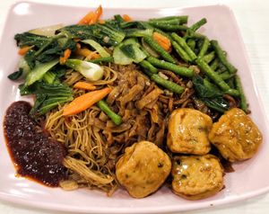 kuey teow bee hoon mee with dishes, mee must try, very good at E Veg Vegetarian -  益素食 - Pioneer Mall in West Singapore