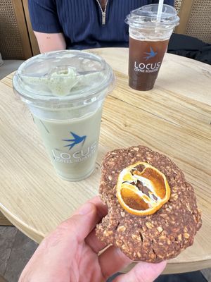 Vegan Cookie and Oatmilk Matcha Lattee  at Locus Coffee Roastery in Ankara