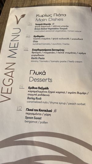 Vegan menu 2/2  at Oia Gefsis in Oia