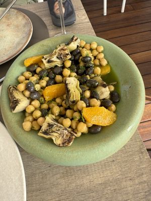 Pulse Salad w grilled artichoke   at Oia Gefsis in Oia