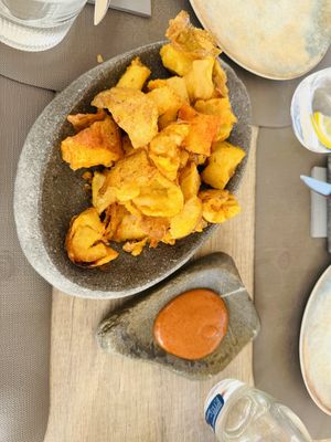 Crunchy Naxos Potatoes   at Oia Gefsis in Oia