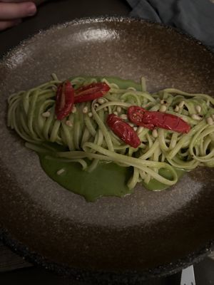 Fresh pasta with lemongrass, pine nuts, and sun dried tomatoes   at Oia Gefsis in Oia