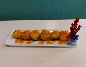 Tempura Fried Tofu with Mango Sauce 香芒天婦羅炸豆腐 (Vegan) at Kindness Gather - 慈素小聚 in Kowloon
