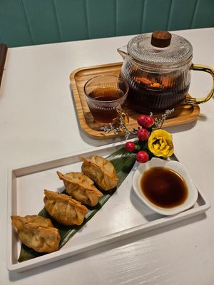 前：日式半煎炸餃子 後：桂圓南棗茶 at Kindness Gather - 慈素小聚 in Kowloon