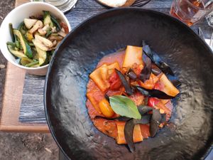 Pacherri alla norma without pecorino and verdure saltate at Bar Pizzeria da Pedro in Malcesine