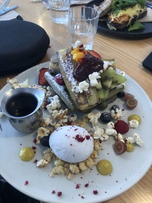 Matcha pancakes (vegan) (yummy, but weird that the banana skin was left on) at Postal Service in Auckland