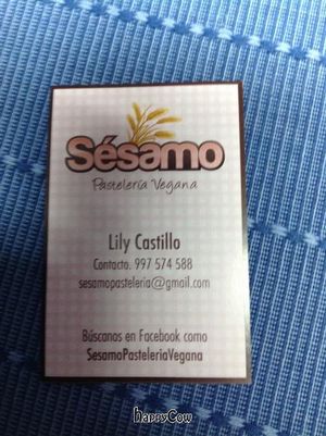 Business card at Sesamo Pasteleria Vegana in Lima