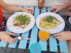 Fried tofu with yellow beans and polenta   at Zöld in Budapest