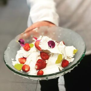 Kakigori de coco, yogur de soja y frutos rojos.  at La Cuina Gastrobar  in Valencia
