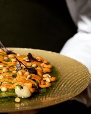 Berenjena asada, pesto vegano, tomate seco y piñones  at La Cuina Gastrobar  in Valencia