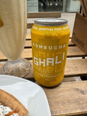 Local mango maracuya kombucha  at Happy Vegan Coffee in Santiago