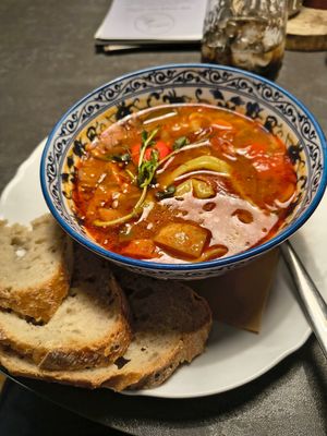 Goulash with homemade sour dough bread at Mikulas Bistro in Znojmo