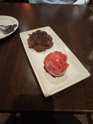 Chocolate mousse and raspberry sorbet.  I was surprised how much I like this.  #Veganuary at 21 Steps in Whistler