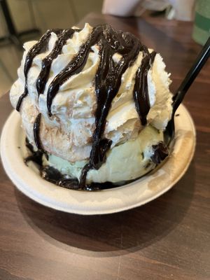 Warm vegan brownie sundae! (Brownie hiding at the bottom) Went with the matcha mint chip on this one as well, but they had 11 other vegan flavors options to choose from!  at Swanky Scoop in Woodinville