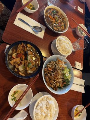 A selection of dishes (all vegan). From top to bottom, braised mushroom and tofu, caramelised tofu and mushroom, and the mixed Vietnamese noodles to the right.  at Non Restaurant in North London